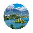 Foto magnet Bled – okrogel magnet s panoramskim pogledom na Blejsko jezero, premer 75 mm