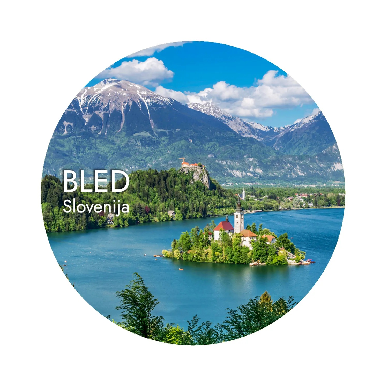 bled 9 2026 magnet okrogel 75mm Foto magnet Bled – okrogel magnet s panoramskim pogledom na Blejsko jezero, premer 75 mm