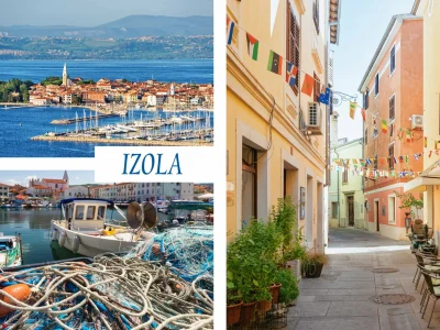 Foto magnet Izola – kolaž slikovitega pristanišča in starega mestnega jedra, magnet pravokotnik 78x54 mm