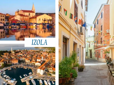 Foto magnet Izola – kolaž sredozemskega vzdušja obalnega mesta, magnet pravokotnik 78x54 mm