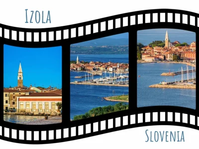 Foto magnet Izola – filmski trak z motivom obalnega mesta, magnet 58x75 mm
