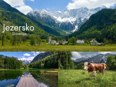Foto magnet Jezersko – kolaž alpske vasi, Planšarskega jezera in gorske pokrajine Kamniško-Savinjskih Alp, magnet pravokotnik 78x54 mm