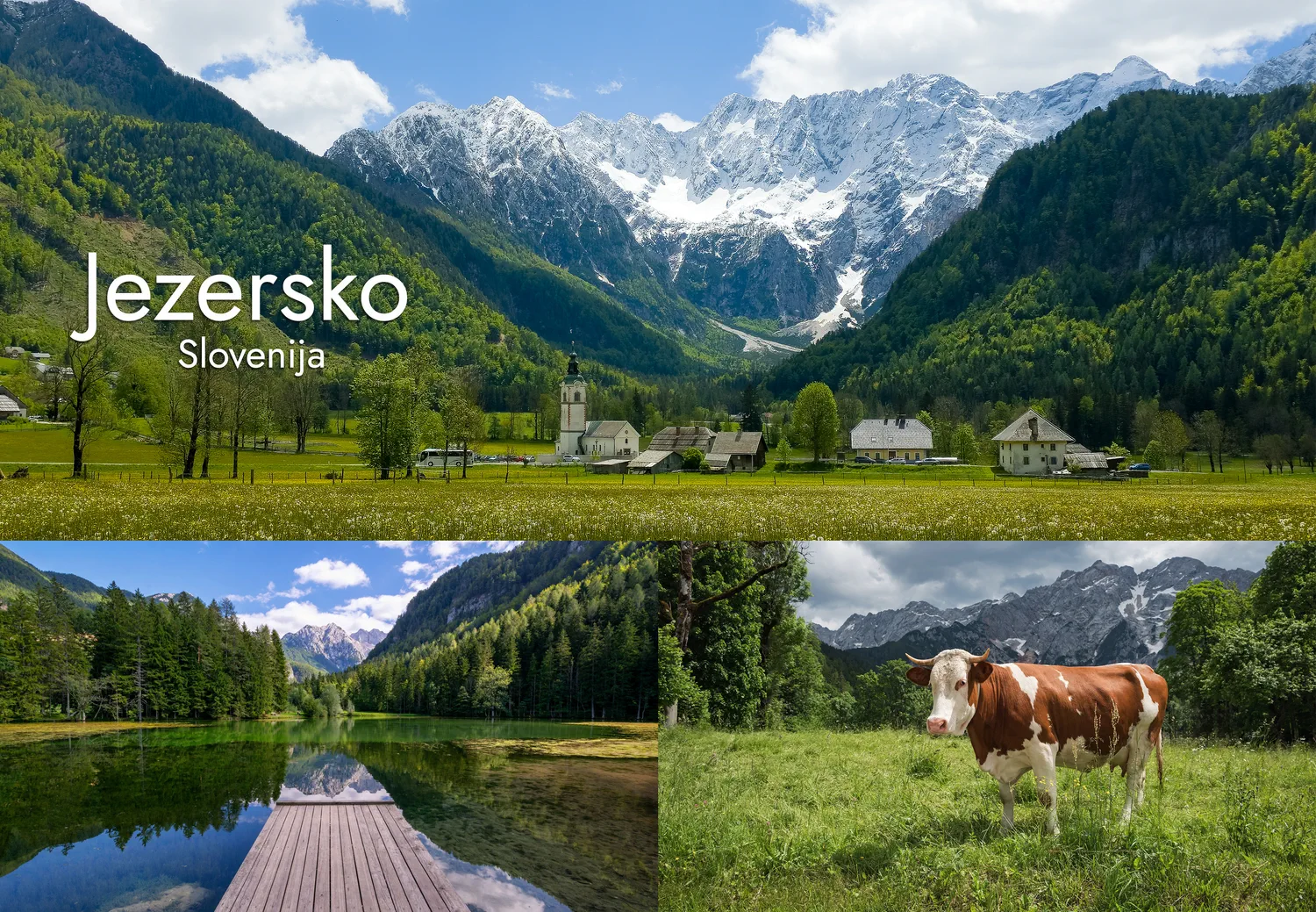 jezersko 1 magnet pravokoten 54x78mm1 Foto magnet Jezersko – kolaž alpske vasi, Planšarskega jezera in gorske pokrajine Kamniško-Savinjskih Alp, magnet pravokotnik 78x54 mm