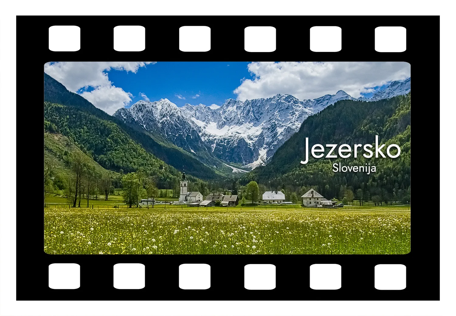 jezersko 10 magnet pravokoten 54x78mm1 Foto magnet Jezersko – motiv v slogu poštne znamke s panoramskim razgledom na alpsko vas Jezersko, magnet pravokotnik 54x78 mm