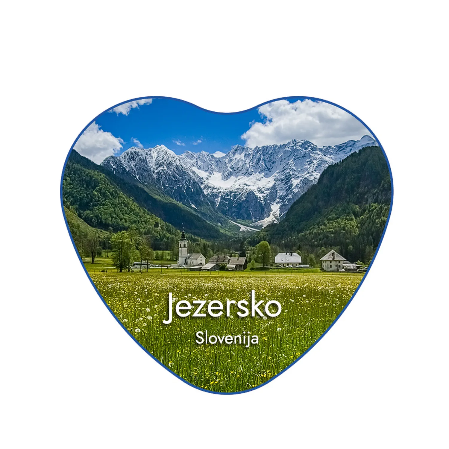 jezersko 4 magnet srce1 Foto magnet Jezersko – srce oblikovan magnet z motivom alpske vasi in Planšarskega jezera, magnet srce 52x57 mm