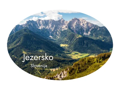 Foto magnet Jezersko – ovalen magnet z motivom alpske vasi v objemu Kamniško-Savinjskih Alp, magnet oval 60x45 mm