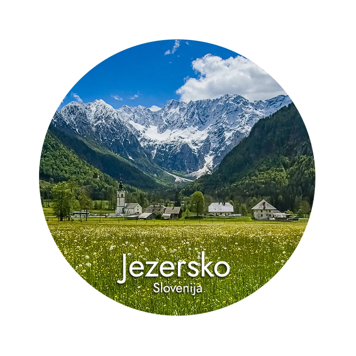 jezersko 6 magnet okrogel 75mm1 Foto magnet Jezersko – okrogel magnet s pogledom na alpsko vas in Kamniško-Savinjske Alpe, magnet okrogel 75 mm