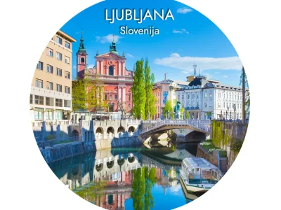 Foto magnet Ljubljana – okrogel magnet s pogledom na slovensko prestolnico, premer 75 mm